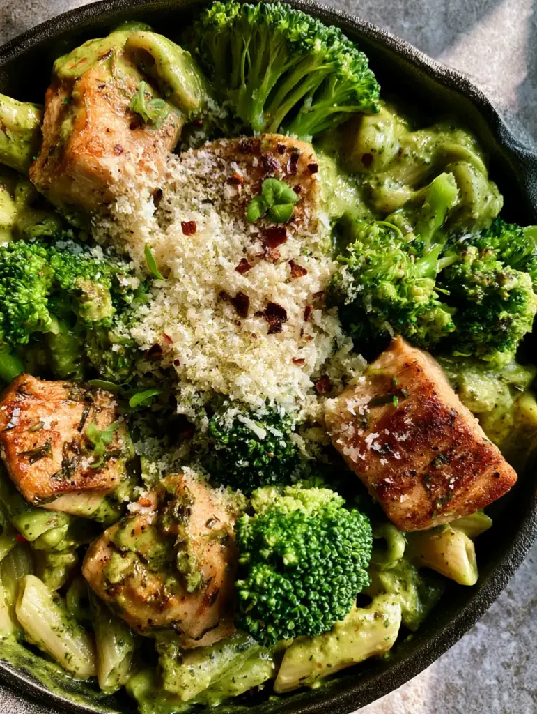 Creamy Pesto Chicken and Broccoli Pasta: The Ultimate 30-Minute Skillet Dinner 2 Top-down view of creamy pesto chicken and broccoli pasta featuring golden-seared chicken and vibrant green broccoli.