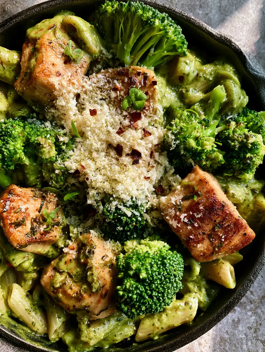 Creamy Pesto Chicken and Broccoli Pasta: The Ultimate 30-Minute Skillet Dinner 3 Top-down view of creamy pesto chicken and broccoli pasta featuring golden-seared chicken and vibrant green broccoli.