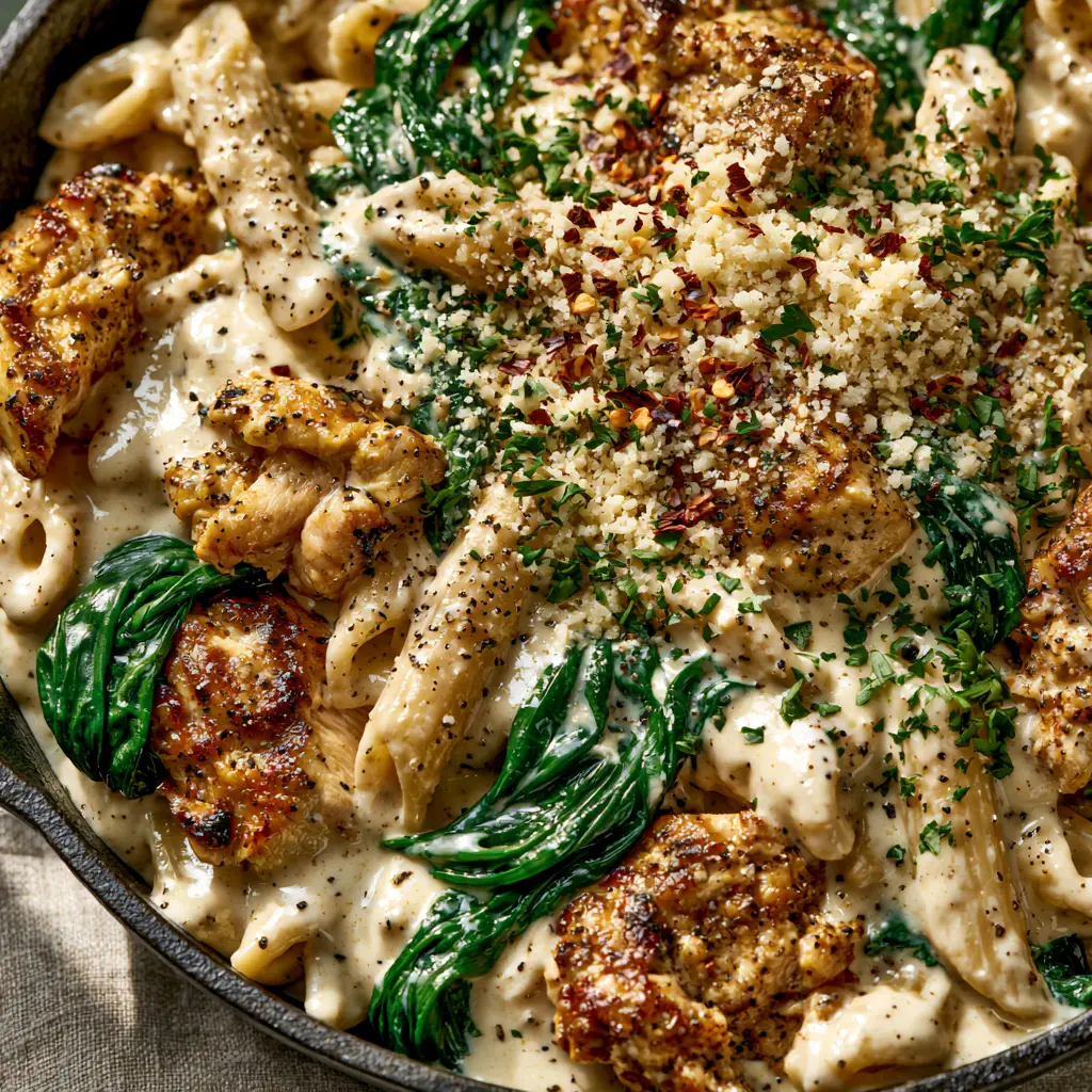 Creamy Chicken Penne with Garlic Parmesan Sauce and Wilted Spinach 1 Close-up of seared chicken breast chunks in a creamy penne pasta dish with red pepper flakes.