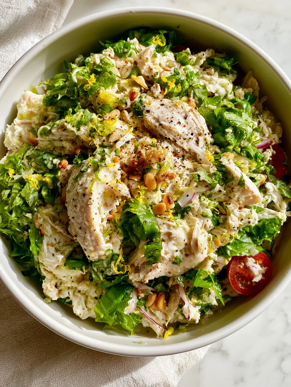 Lemon Basil Chicken Salad with Toasted Pine Nuts and Zesty Lemon-Olive Oil Dressing 3 Close up of shredded poached chicken in a Lemon Basil Chicken Salad with yellow lemon zest and red cherry tomatoes.