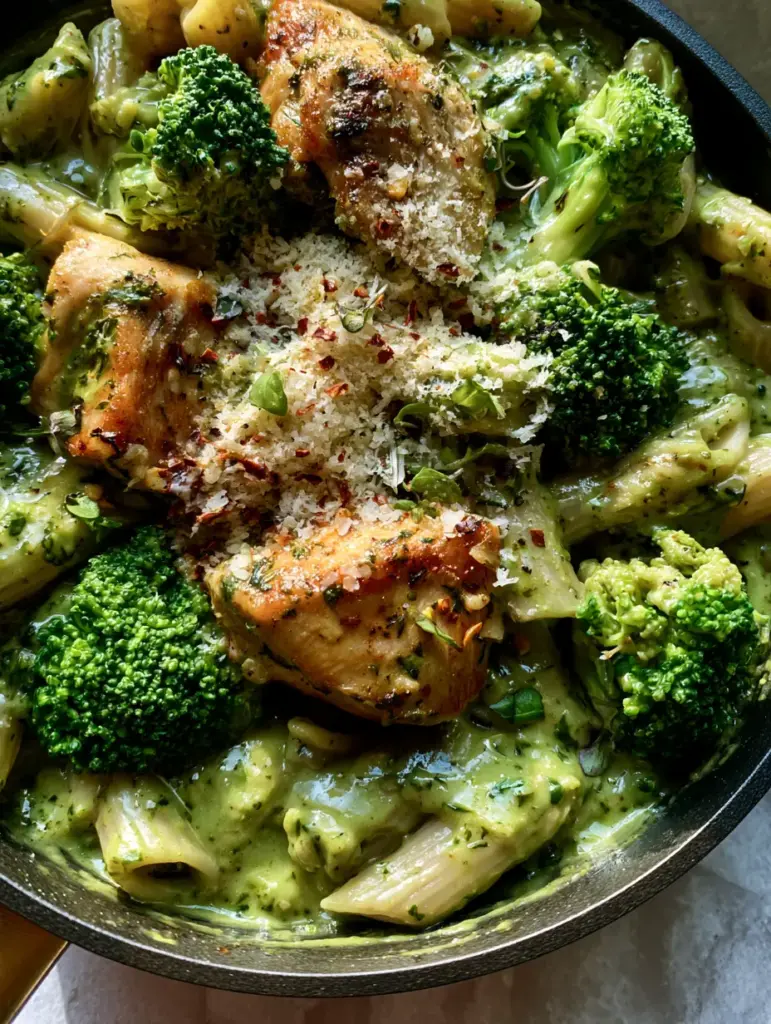 Creamy Pesto Chicken and Broccoli Pasta: The Ultimate 30-Minute Skillet Dinner 1 Close up of golden-brown seared chicken breast chunks in a creamy pesto sauce with finely grated parmesan cheese.