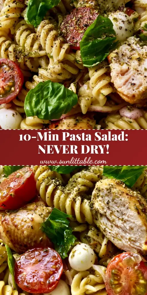 Italian Chicken Pasta Salad with Golden Vinaigrette and Fresh Basil 3 High-angle shot of a rustic bowl overflowing with Italian chicken pasta salad, featuring glossy fusilli and golden chicken. (Italian chicken pasta salad)