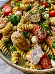 Close-up of rotisserie chicken skin and pearl mozzarella in a glossy Italian chicken pasta salad. (Italian chicken pasta salad)