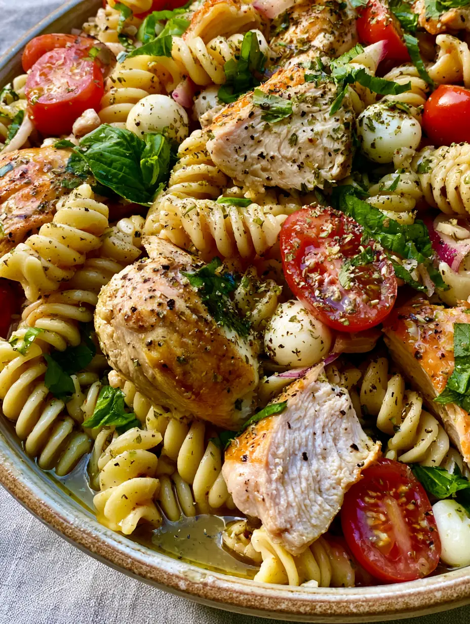 Italian Chicken Pasta Salad with Golden Vinaigrette and Fresh Basil 4 Close-up of rotisserie chicken skin and pearl mozzarella in a glossy Italian chicken pasta salad. (Italian chicken pasta salad)