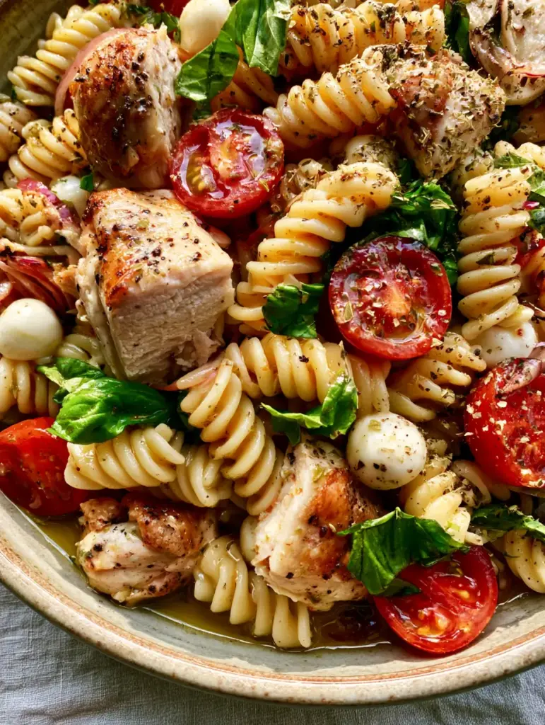 Italian Chicken Pasta Salad with Golden Vinaigrette and Fresh Basil 1 A large ceramic bowl of Italian chicken pasta salad set against a neutral grey background with natural light.
