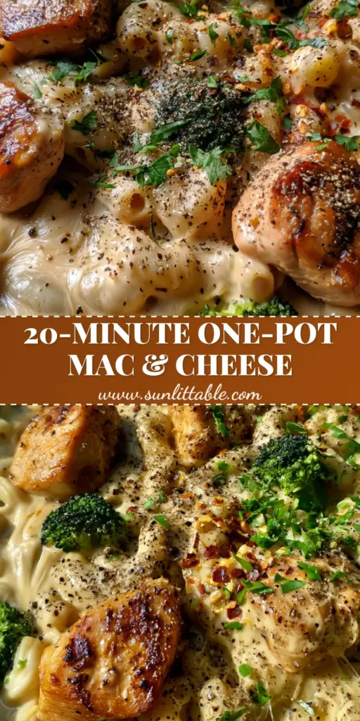 Mac and Cheddar Cheese with Chicken and Broccoli: The Ultimate Skillet Comfort 3 A top-down view of a cast iron skillet containing creamy mac and cheddar cheese with chicken and broccoli, garnished with parsley and pepper flakes.