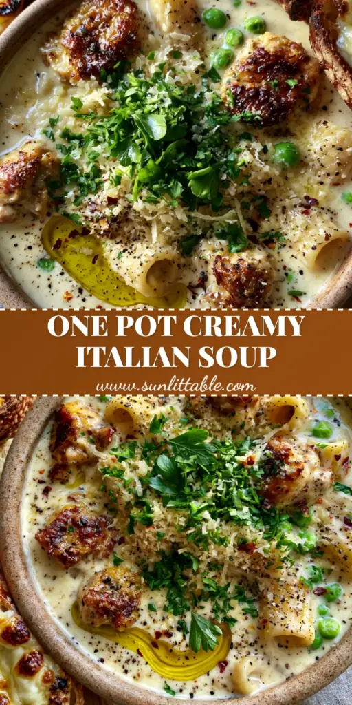 Italian Chicken Pasta Soup with Creamy Ivory Broth and Cheesy Sourdough 3 A top-down photo of a ceramic pot filled with Italian chicken pasta soup, featuring golden chicken, rigatoni, and peas in a creamy broth with sourdough on the side.