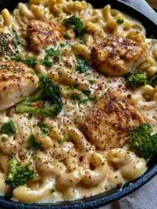Extreme close-up of glossy sharp cheddar sauce ripples in mac and cheddar cheese with chicken and broccoli.