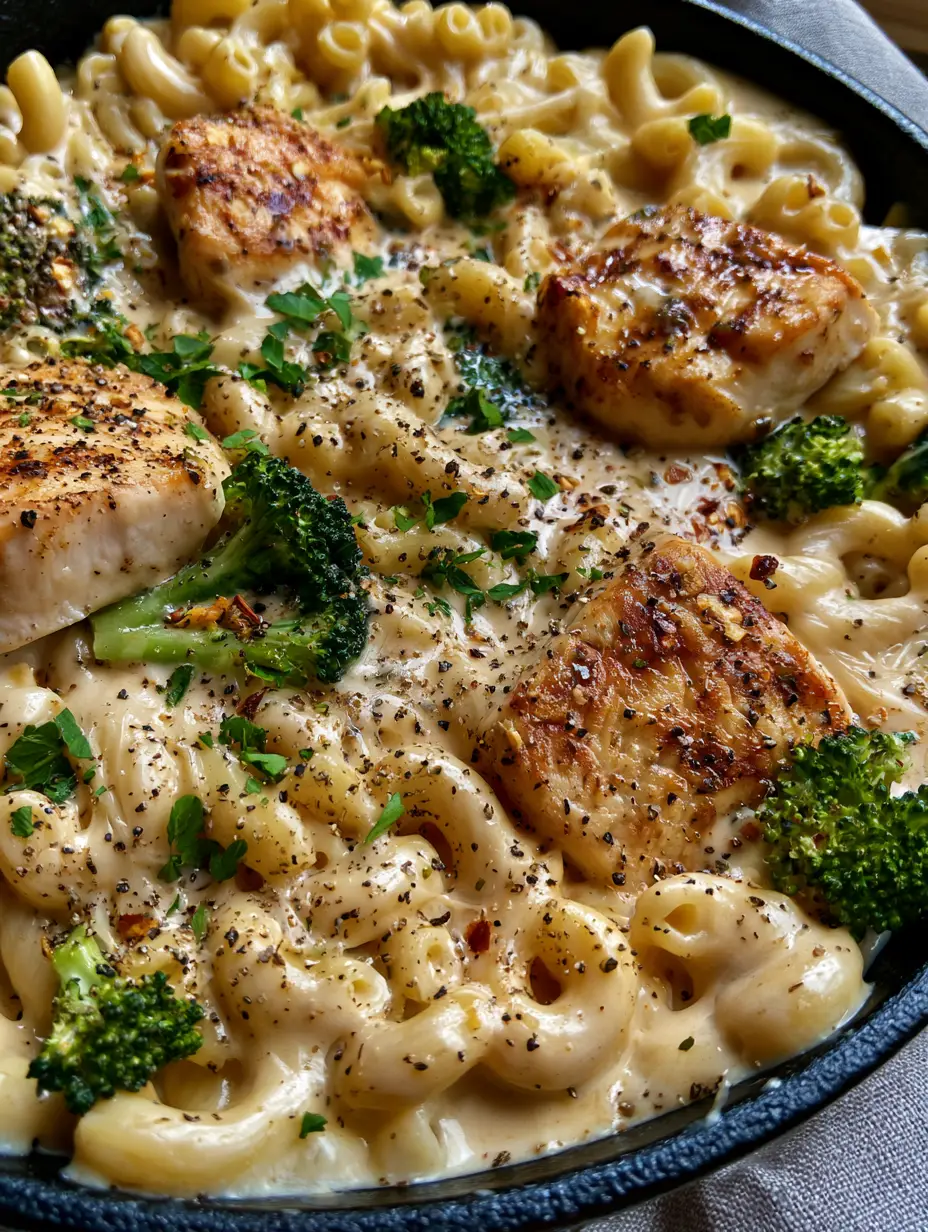 Mac and Cheddar Cheese with Chicken and Broccoli: The Ultimate Skillet Comfort 4 Extreme close-up of glossy sharp cheddar sauce ripples in mac and cheddar cheese with chicken and broccoli.