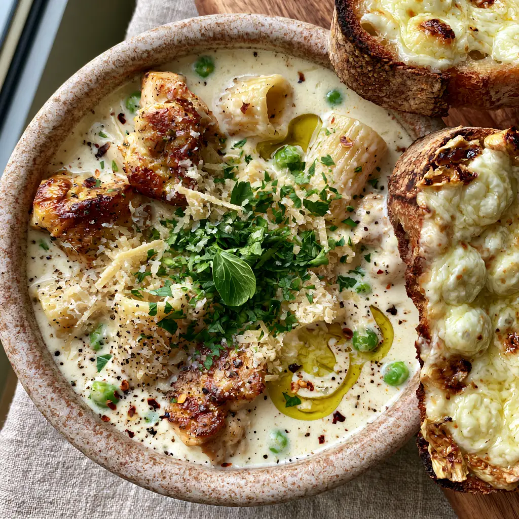 Italian Chicken Pasta Soup with Creamy Ivory Broth and Cheesy Sourdough 2 Overhead shot of a rustic matte ceramic pot containing creamy Italian chicken pasta soup with golden chicken and bright green peas.