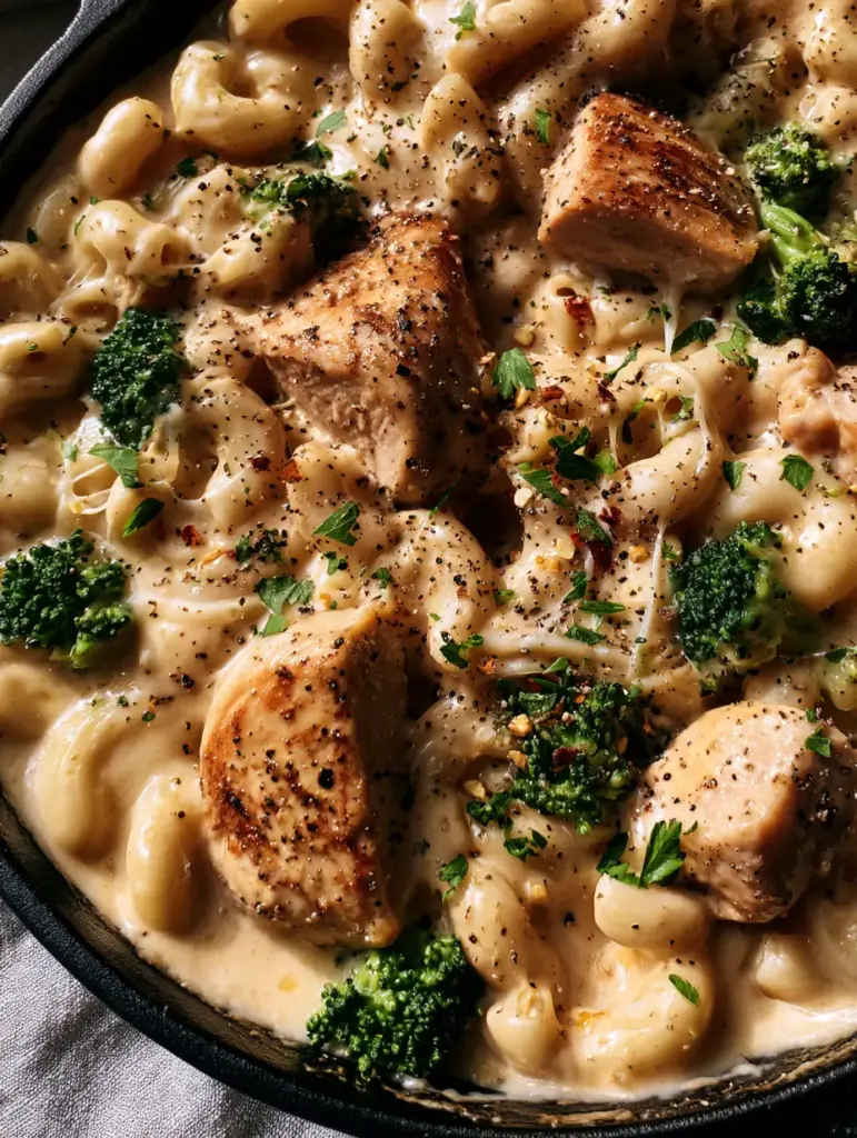 Mac and Cheddar Cheese with Chicken and Broccoli: The Ultimate Skillet Comfort 1 Close-up of golden-brown seared chicken and emerald broccoli in a mac and cheddar cheese sauce.
