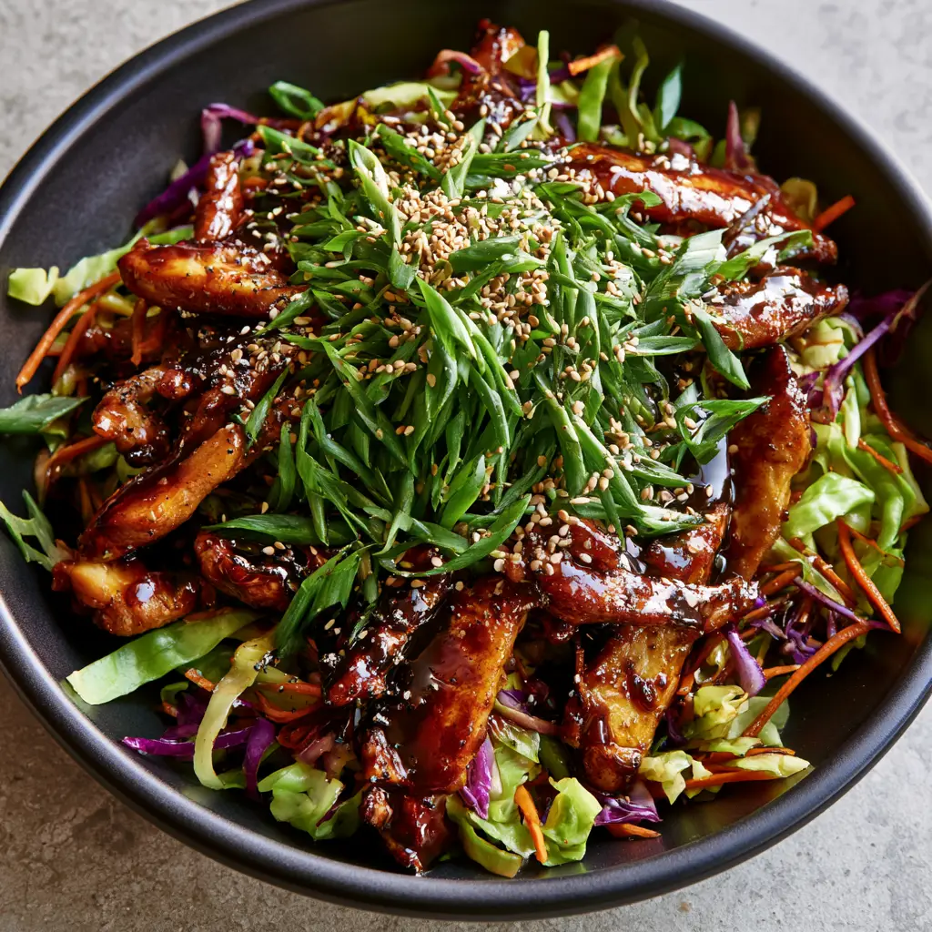 Moo Shu Chicken: A Glossy Hoisin Glazed Stir-Fry with Crisp Slaw 2 High-angle close-up of Moo Shu Chicken showing the texture of seared chicken breast and crisp shredded cabbage ribbons.