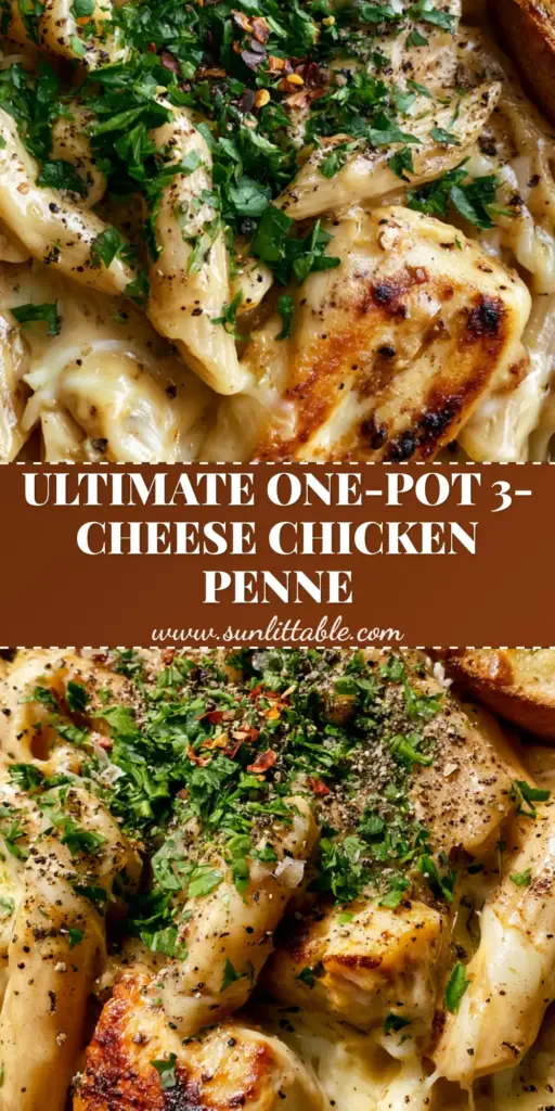 3 Cheese Chicken Penne Pasta with Buttery Sourdough Garlic Bread 4 A close-up of a ceramic bowl filled with 3 Cheese Chicken Penne Pasta, showing mozzarella cheese pulls, golden seared chicken, and fresh parsley.