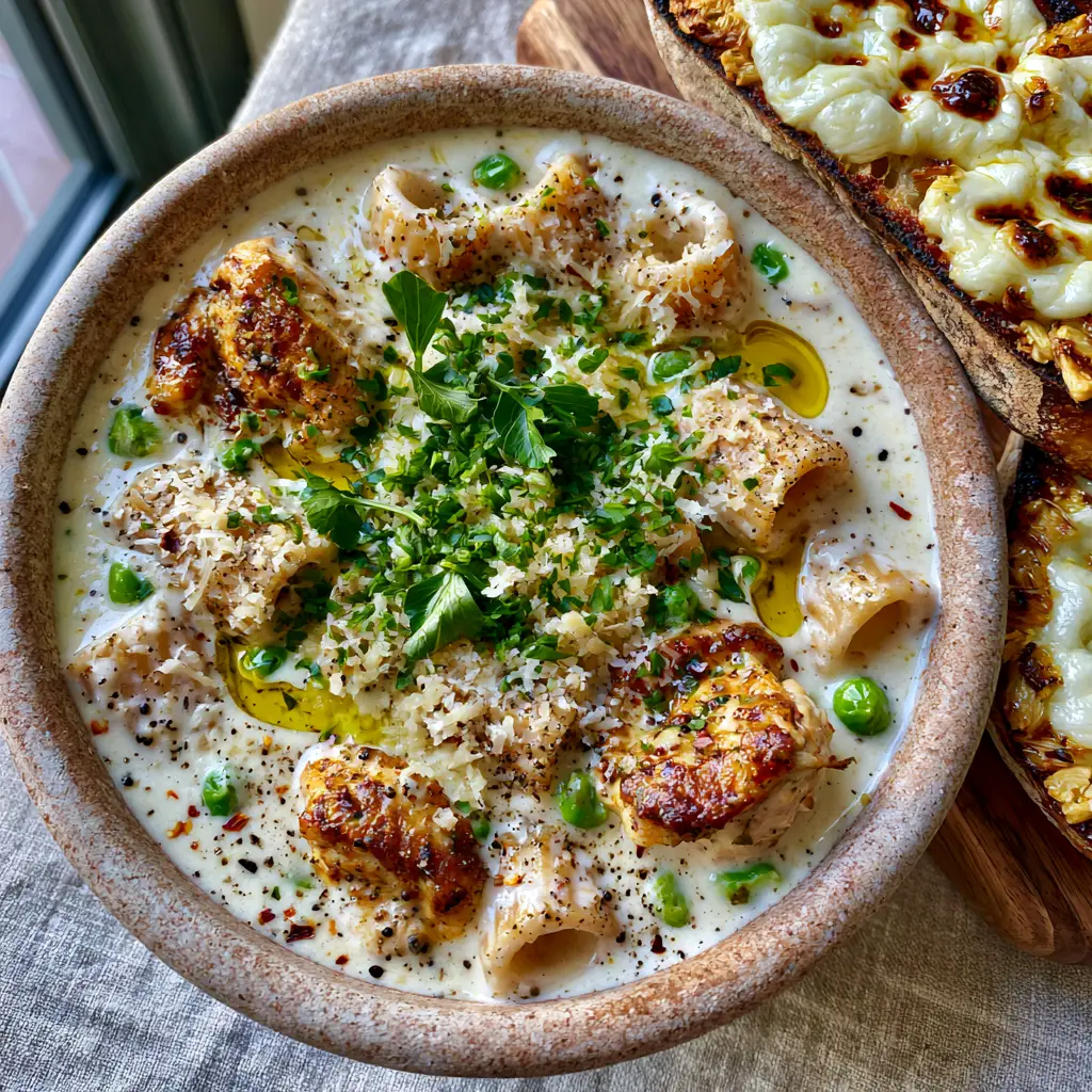 Italian Chicken Pasta Soup with Creamy Ivory Broth and Cheesy Sourdough 1 Close up of al dente rigatoni and golden-brown chicken chunks in an Italian chicken pasta soup garnish with parsley and parmesan.