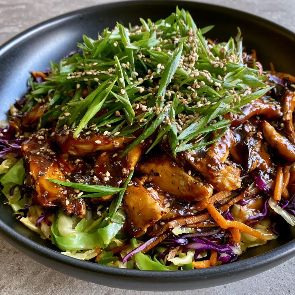 Moo Shu Chicken: A Glossy Hoisin Glazed Stir-Fry with Crisp Slaw 1 Close-up of dark mahogany hoisin glaze on chicken strips with cracked black pepper flecks and a dense forest of scallions.