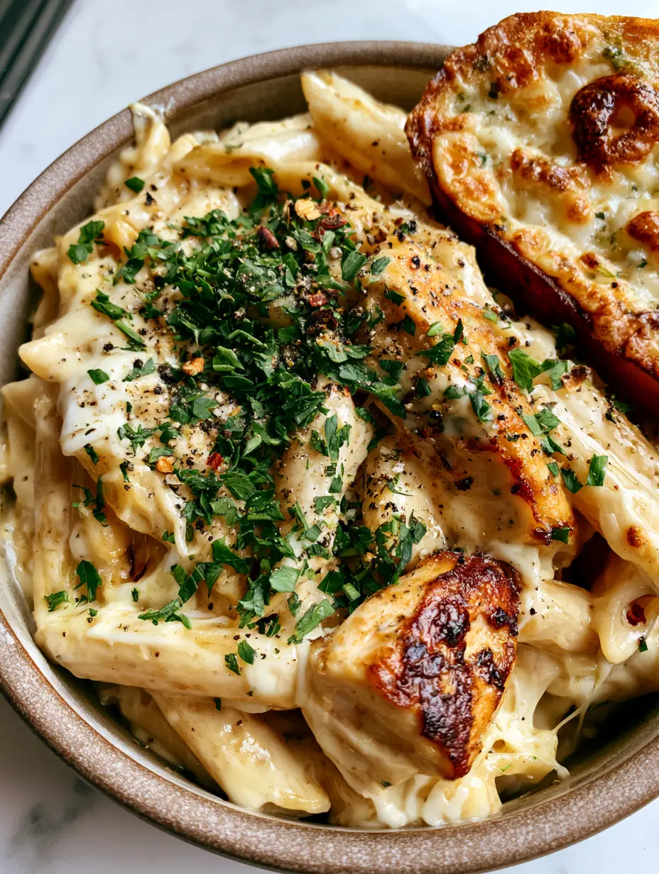 3 Cheese Chicken Penne Pasta with Buttery Sourdough Garlic Bread 3 Top-down view of 3 Cheese Chicken Penne Pasta on a white marble countertop with vibrant parsley and cracked black pepper garnish.