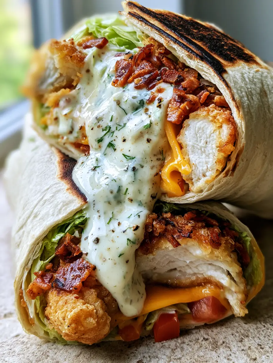 Chicken Ranch Wraps with Crispy Bacon and Sharp Cheddar 3 Smartphone photo of two chicken ranch wraps stacked on a stone counter with visible sear marks and oozing ranch sauce. (chicken ranch wraps)