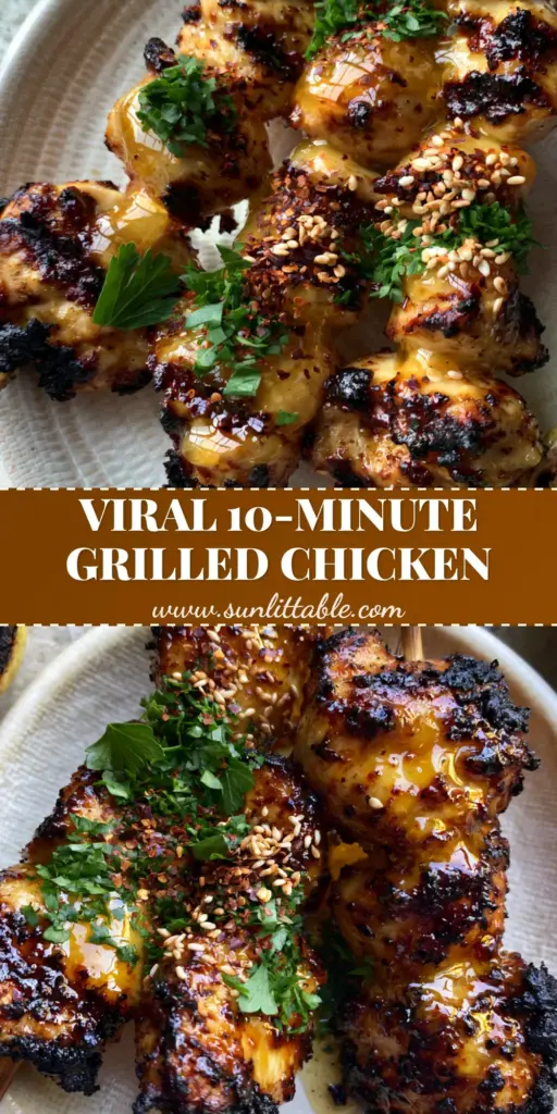 Grilling Honey Garlic Chicken Skewers: The Ultimate Sticky Glazed Recipe 4 A top-down photo of three honey garlic chicken skewers with dark char marks and glistening glaze on an off-white plate. (Grilling)