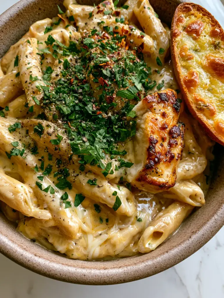 3 Cheese Chicken Penne Pasta with Buttery Sourdough Garlic Bread 1 Close-up of velvety three-cheese sauce coating penne pasta with visible red chili flakes and black pepper.