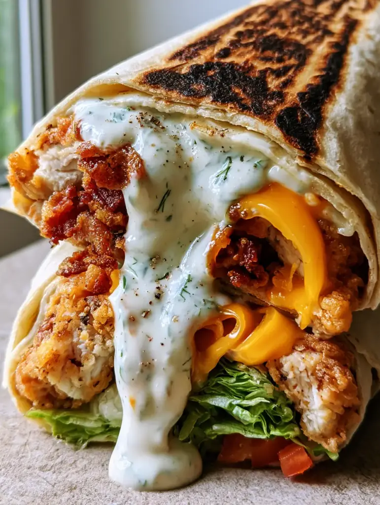 Chicken Ranch Wraps with Crispy Bacon and Sharp Cheddar 1 Close-up of the cross-section of chicken ranch wraps showing melted orange cheddar ribbons and emerald-green romaine lettuce.