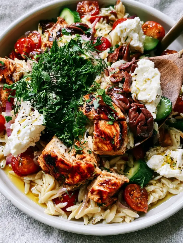 Greek Chicken Orzo Salad: The Ultimate Mediterranean Meal Prep Masterpiece 1 A wooden spoon lifting a portion of Greek chicken orzo salad with Kalamata olives and feta.