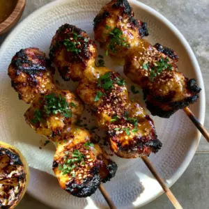 Succulent grilled chicken cubes with deep char marks and golden honey glaze. (Grilling)