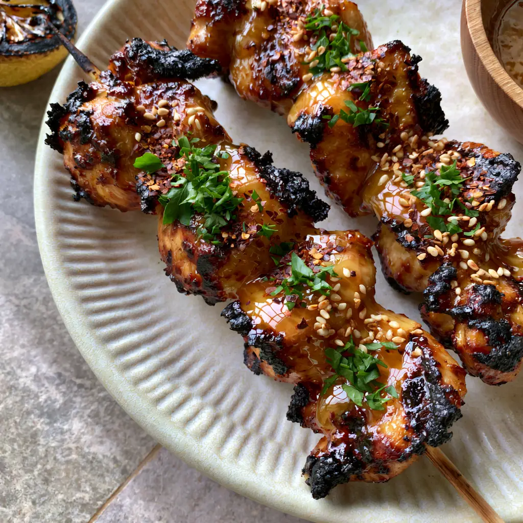 Grilling Honey Garlic Chicken Skewers: The Ultimate Sticky Glazed Recipe 1 Grilled chicken skewers garnished with parsley, sesame seeds, and chili flakes next to a charred lemon.