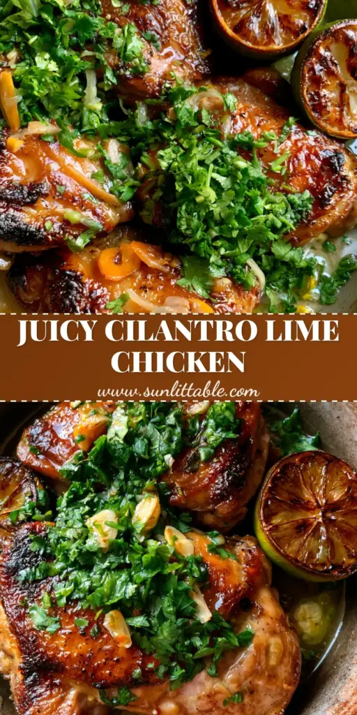 Cilantro Lime Chicken with Crispy Skin and Zesty Garlic Butter Glaze 4 A top-down view of a cast iron skillet containing Cilantro Lime Chicken thighs with crispy skin, charred lime wheels, and fresh cilantro scatter.