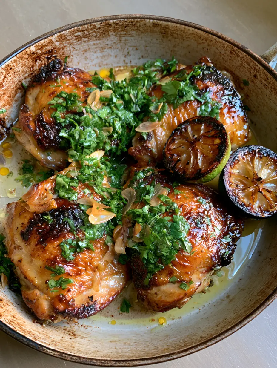 Cilantro Lime Chicken with Crispy Skin and Zesty Garlic Butter Glaze 3 Close up of pan-seared Cilantro Lime Chicken thighs glistening with a lime-butter glaze and topped with garlic slivers.
