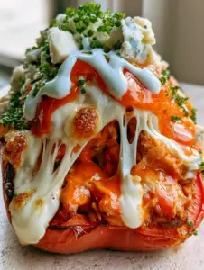Vertical handheld photo of a roasted red bell pepper boat overflowing with juicy shredded buffalo chicken and melted cheese. (buffalo chicken stuffed peppers)