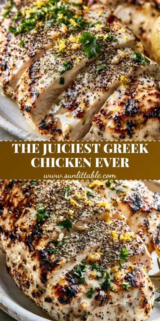 Greek chicken marinade for Tender, Glistening Grilled Breasts 4 Sliced grilled chicken breasts on a white plate with charred grill marks and a thick Greek chicken marinade coating of herbs and garlic.