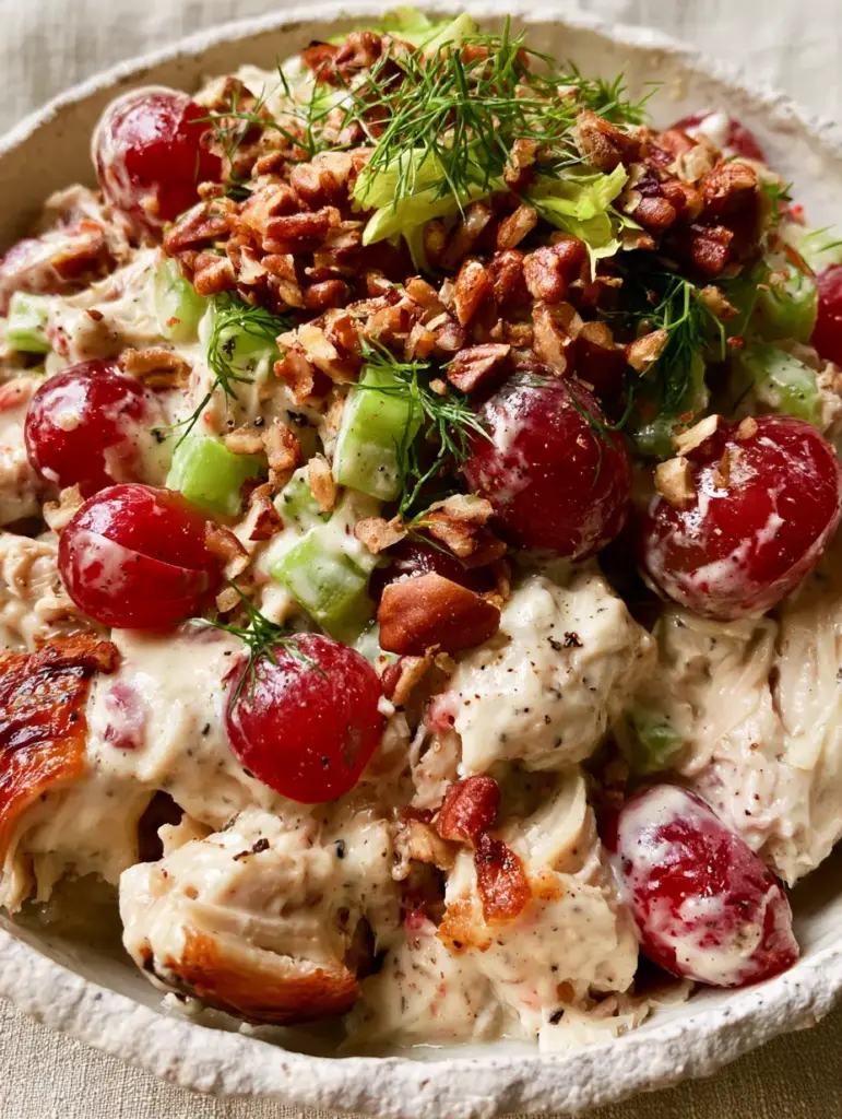 Cold Chicken Salad with Roasted Rotisserie Chicken and Grapes 2 Macro top-down view of cold chicken salad with visible black pepper specks and emerald celery.