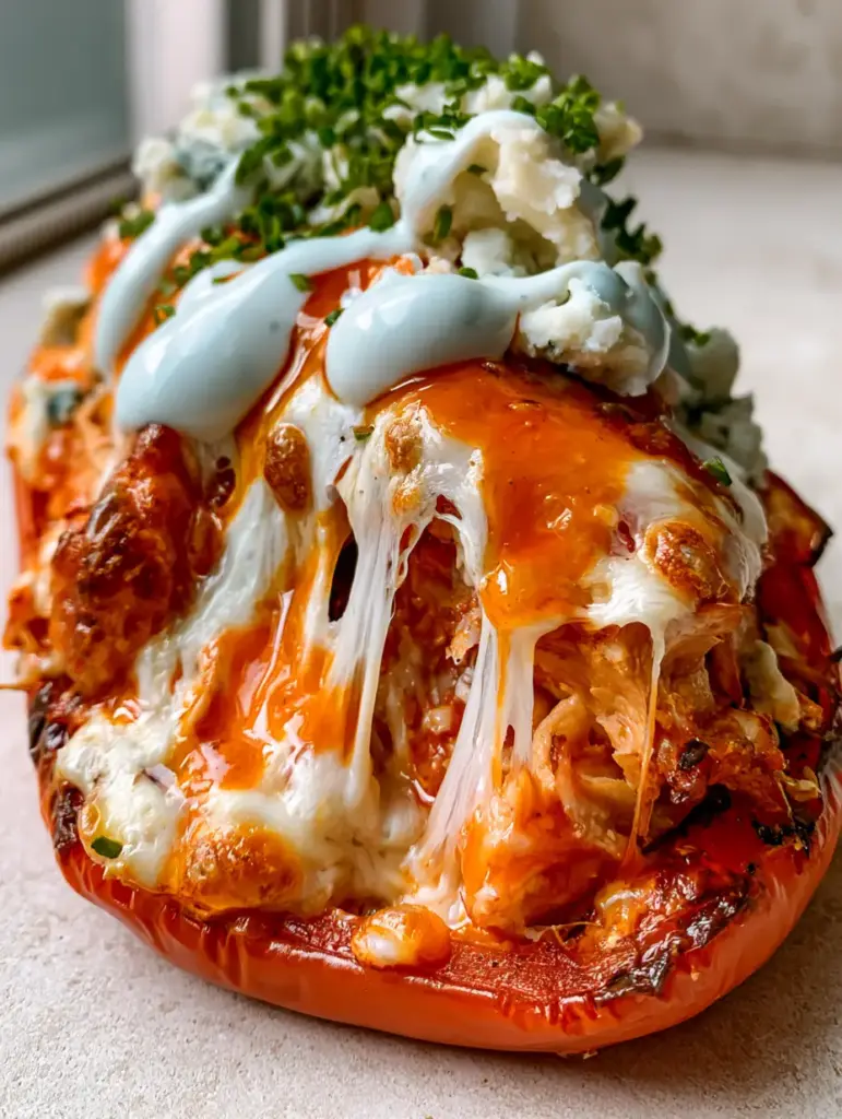 Buffalo Chicken Stuffed Peppers: The Ultimate Cheesy Roasted Pepper Boats 1 Juicy shredded chicken drenched in orange buffalo sauce inside a roasted red pepper. (buffalo chicken stuffed peppers)