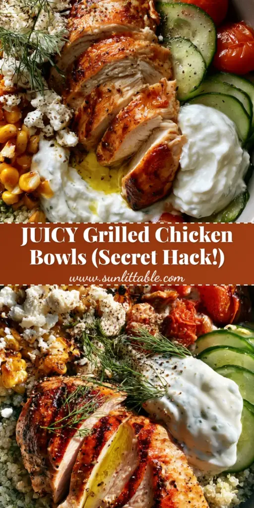 Grilled Chicken Bowls with Herb-Flecked Quinoa and Creamy Tzatziki 3 A top-down handheld smartphone photo of vibrant grilled chicken bowls featuring seared chicken, quinoa, and tzatziki.