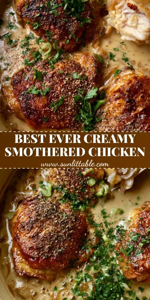 Overhead view of Southern smothered chicken in a cream cast iron skillet with crispy amber skin and thick onion gravy.