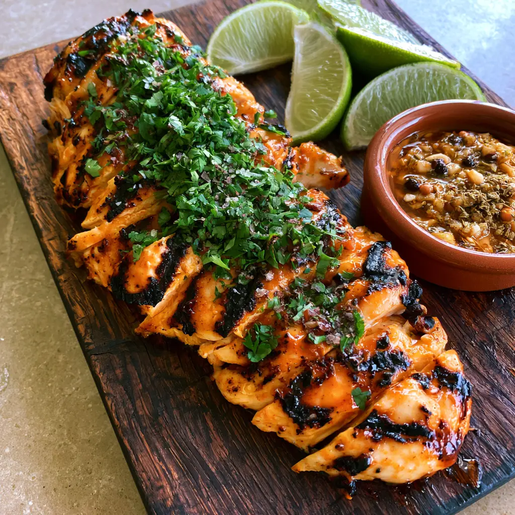 Close up of succulent grilled chicken with deep black grill marks and vibrant orange-red Mexican chicken marinade glaze.