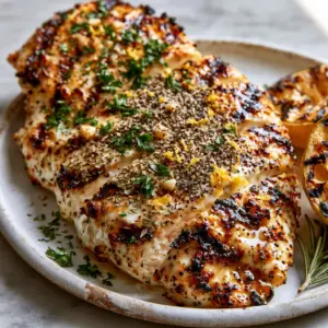 Close-up of glistening grilled chicken with Greek chicken marinade, featuring bits of garlic, cracked black pepper, and fresh parsley.