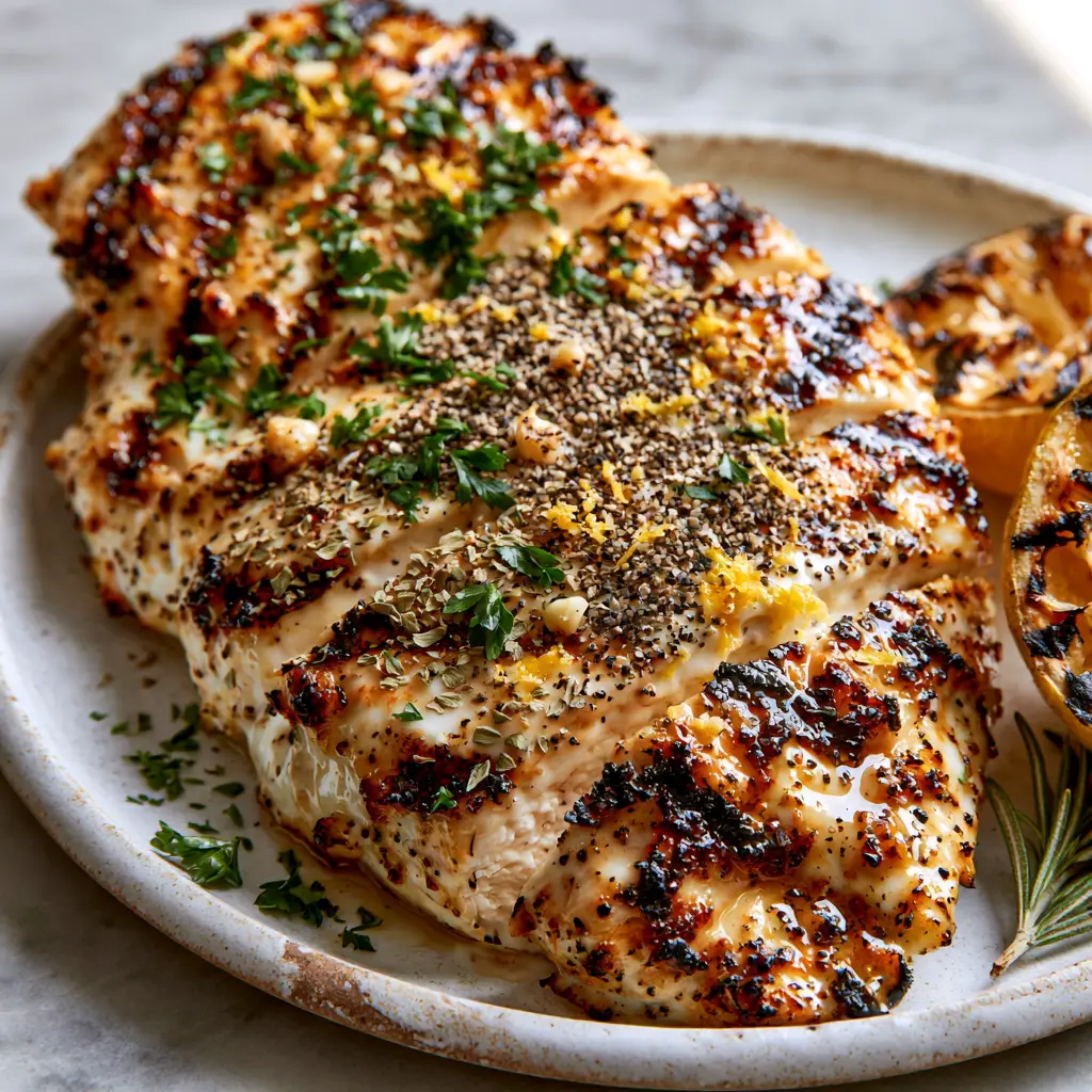 Greek chicken marinade for Tender, Glistening Grilled Breasts 2 Close-up of glistening grilled chicken with Greek chicken marinade, featuring bits of garlic, cracked black pepper, and fresh parsley.