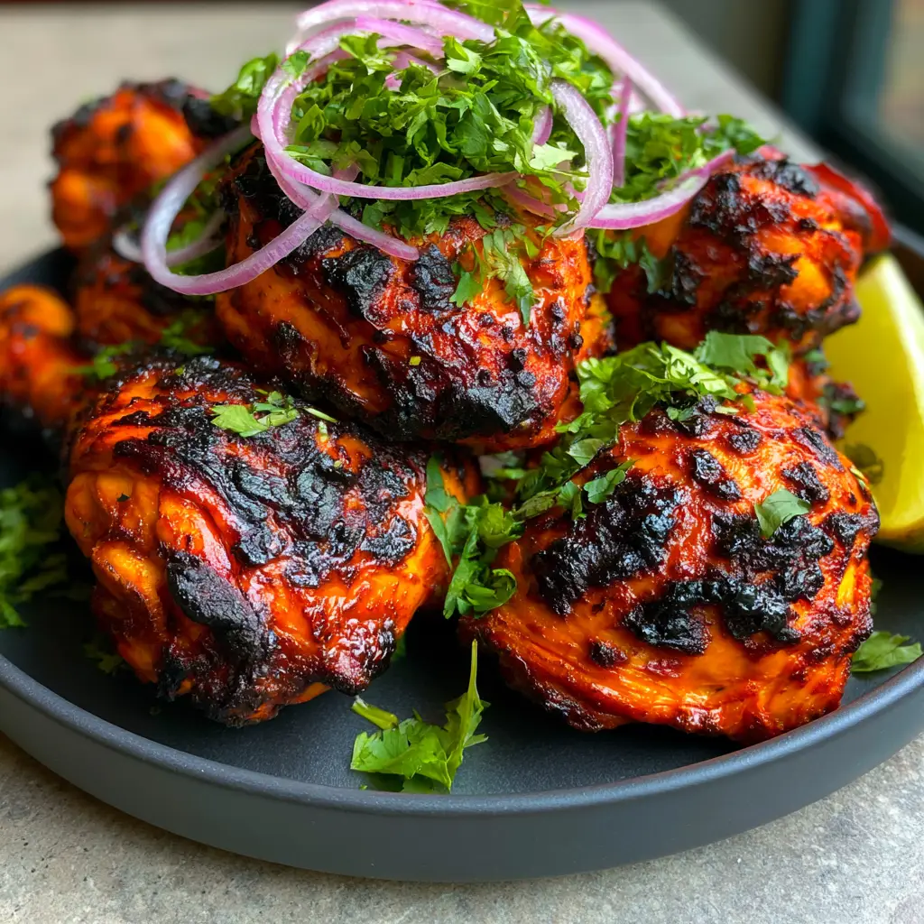 Chicken Tandoori: The Ultimate Guide to Smoky, Charred Thighs at Home 2 Juicy Chicken Tandoori drumsticks with deep orange-red marinade and leopard spots. (Chicken Tandoori)