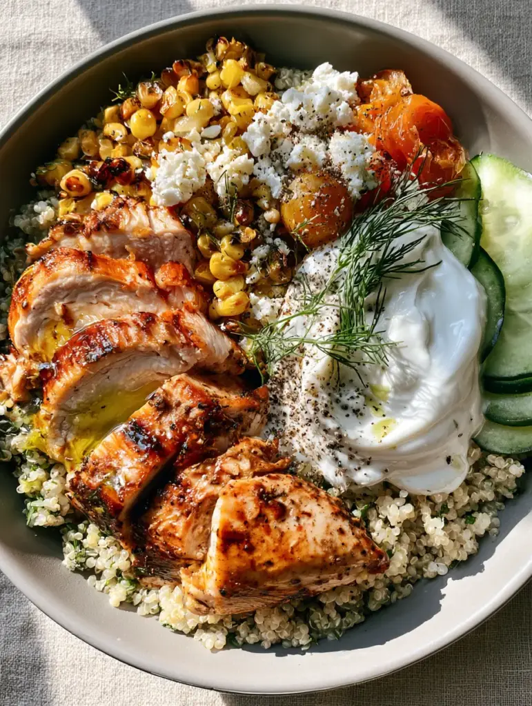 Grilled Chicken Bowls with Herb-Flecked Quinoa and Creamy Tzatziki 2 Close up of grilled chicken bowls showing deep sear marks on sliced chicken breast and fresh dill garnishes.