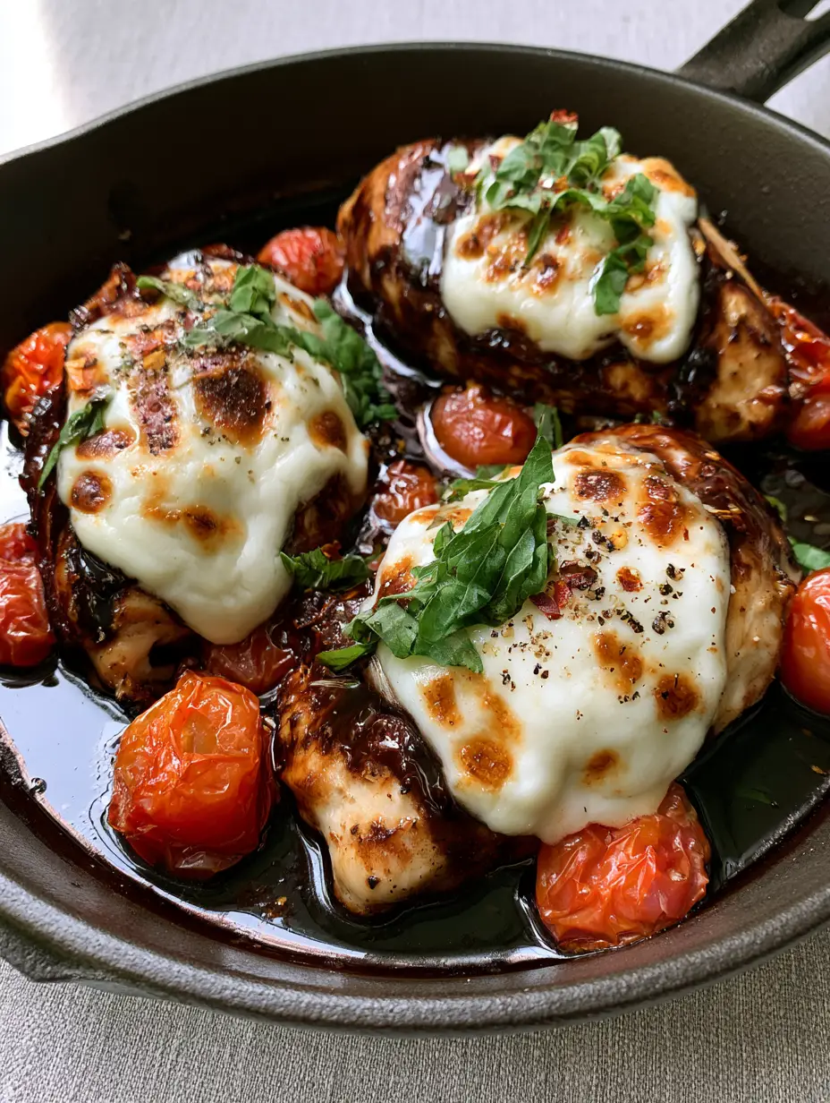 Balsamic Chicken with Melted Mozzarella and Blistered Tomatoes 3 Close-up of pan-seared balsamic chicken with a glossy glaze and bubbly mozzarella cheese.