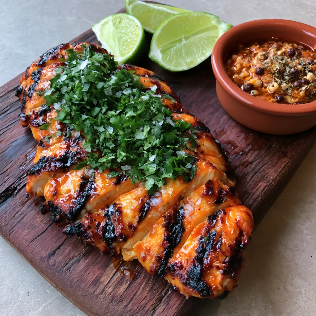 Mexican Chicken Marinade: The Ultimate Smoky Citrus Glaze for Juicy Grilled Chicken 1 Juicy sliced chicken breast on a dark wood board showing flakes of smoked salt and chopped cilantro.