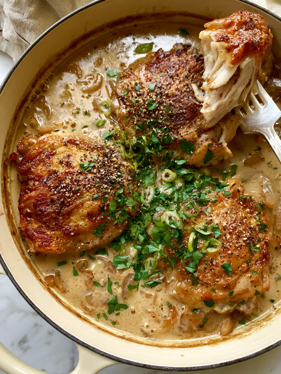 Close-up of smothered chicken thighs with heavy cracked black pepper and fresh parsley garnish. (smothered chicken)