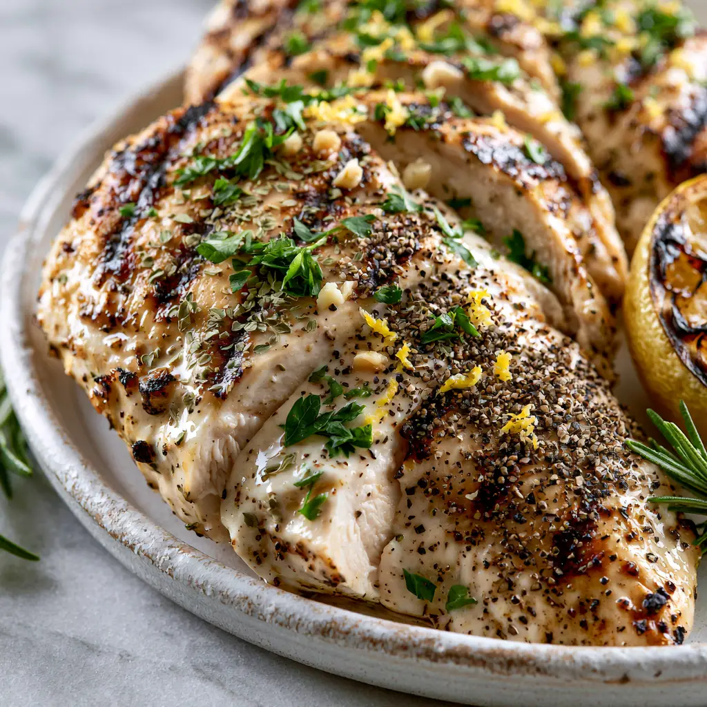Greek chicken marinade for Tender, Glistening Grilled Breasts 1 A rustic plate of sliced chicken made with Greek chicken marinade, garnished with charred lemon and a rosemary sprig on a marble background.