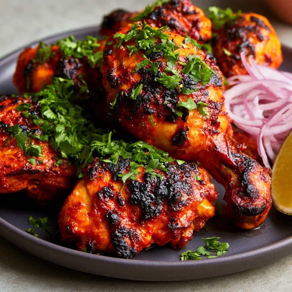 Chicken Tandoori: The Ultimate Guide to Smoky, Charred Thighs at Home 1 Plated Chicken Tandoori with translucent red onion rings and fresh cilantro on charcoal plate.