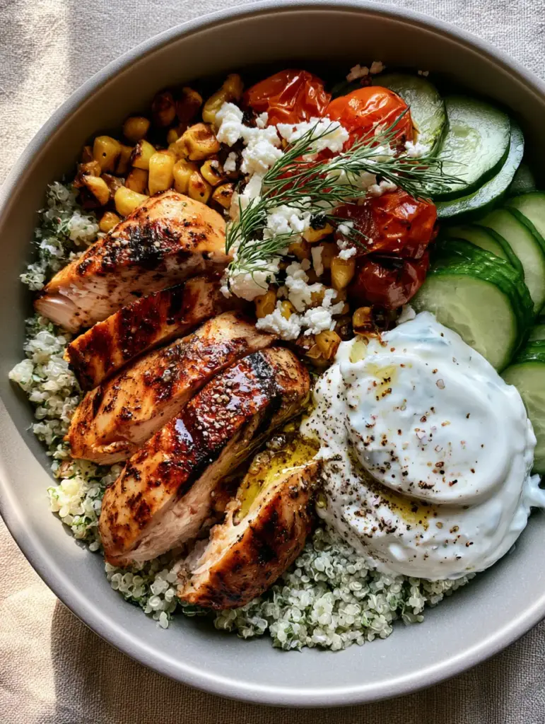 Grilled Chicken Bowls with Herb-Flecked Quinoa and Creamy Tzatziki 1 Top-down view of a Mediterranean grilled chicken bowl with charred corn, blistered tomatoes, and creamy tzatziki.