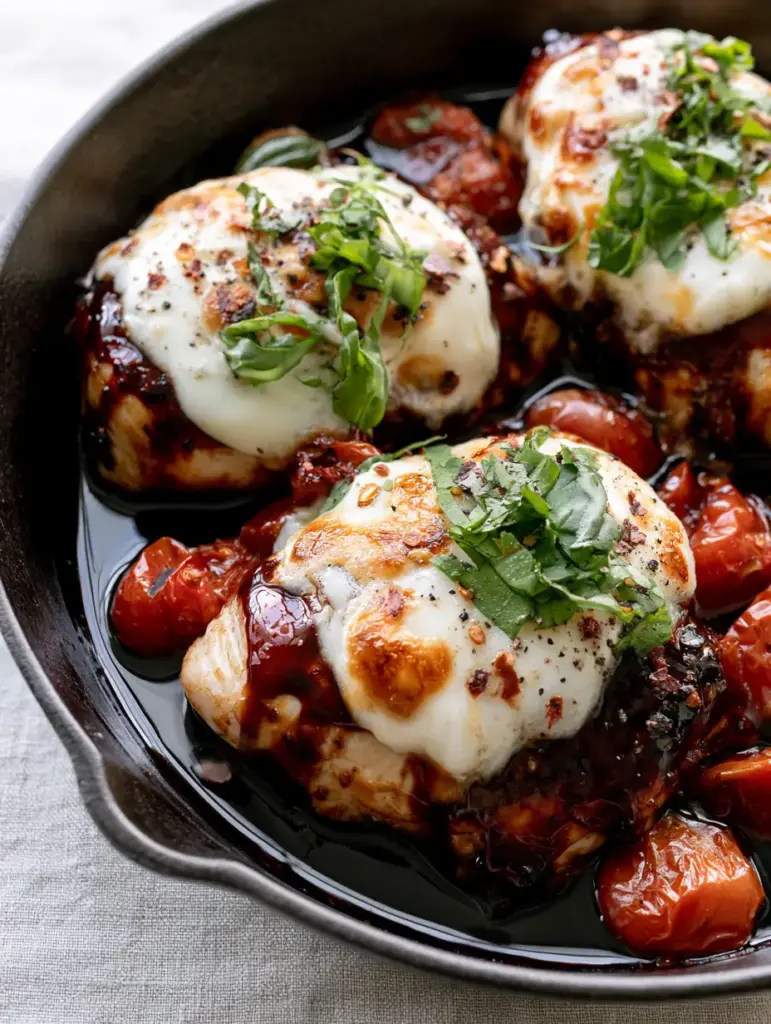 Balsamic Chicken with Melted Mozzarella and Blistered Tomatoes 1 Juicy chicken breasts in a cast iron skillet coated in thick balsamic glaze with burst tomatoes.