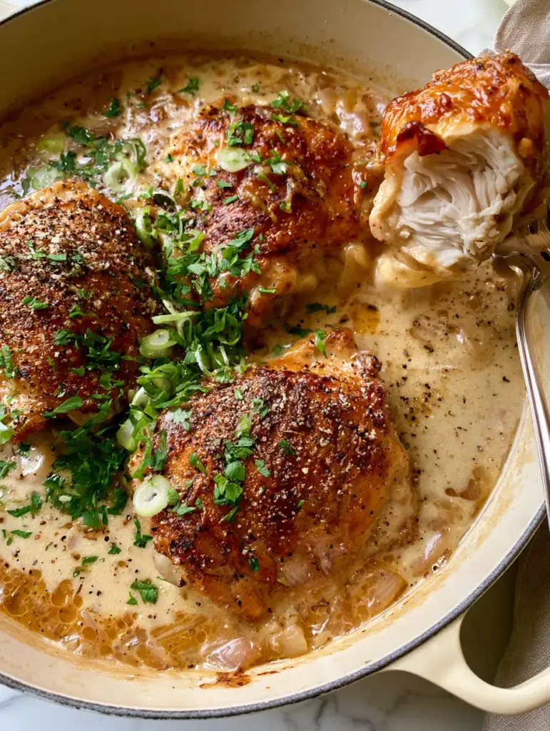 A silver fork lifting a piece of moist steaming smothered chicken from an enameled cast iron skillet.