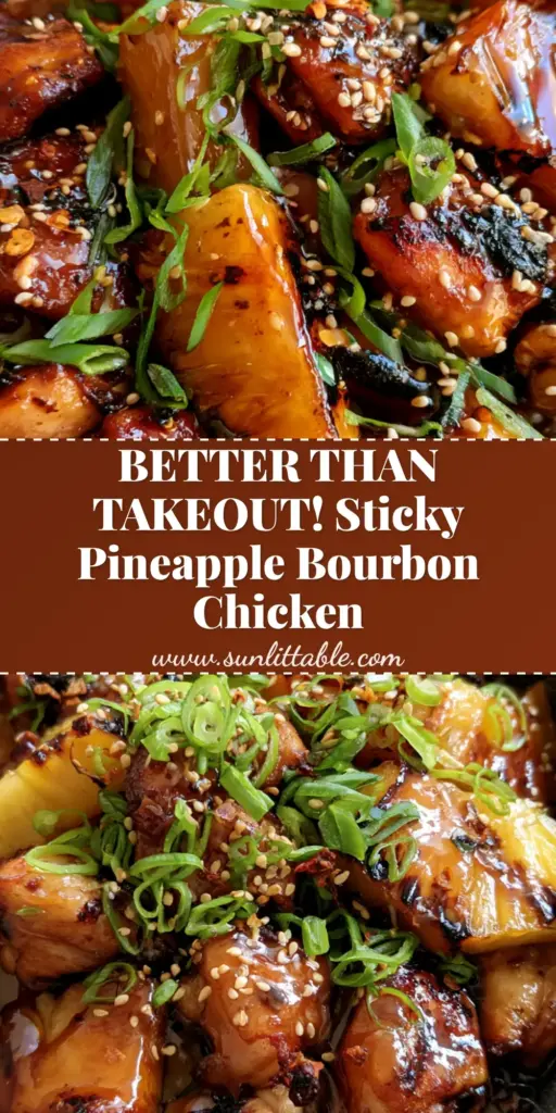Pineapple Bourbon Chicken: The Ultimate Sticky Mahogany Glaze Recipe 4 A top-down photo of pineapple bourbon chicken in a dark bowl with mahogany glaze, charred pineapple, and scallions on jasmine rice.