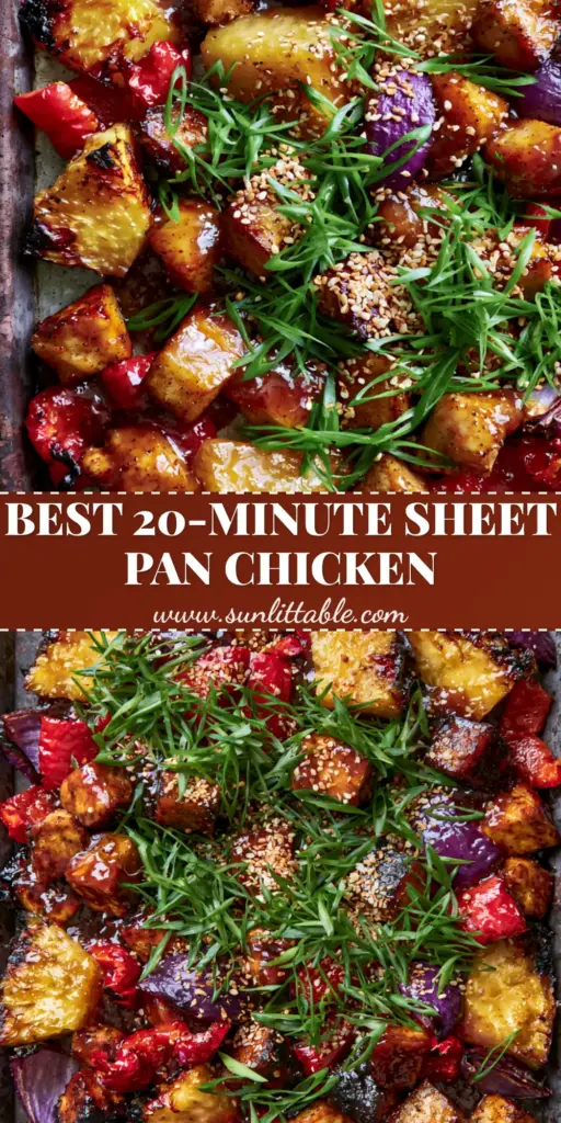 Overhead shot of Pineapple Chicken on a rustic sheet pan with charred pineapple, blistered peppers, and a glossy mahogany sauce.